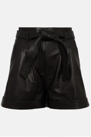 Women's High Waist Black Leather Belted Shorts