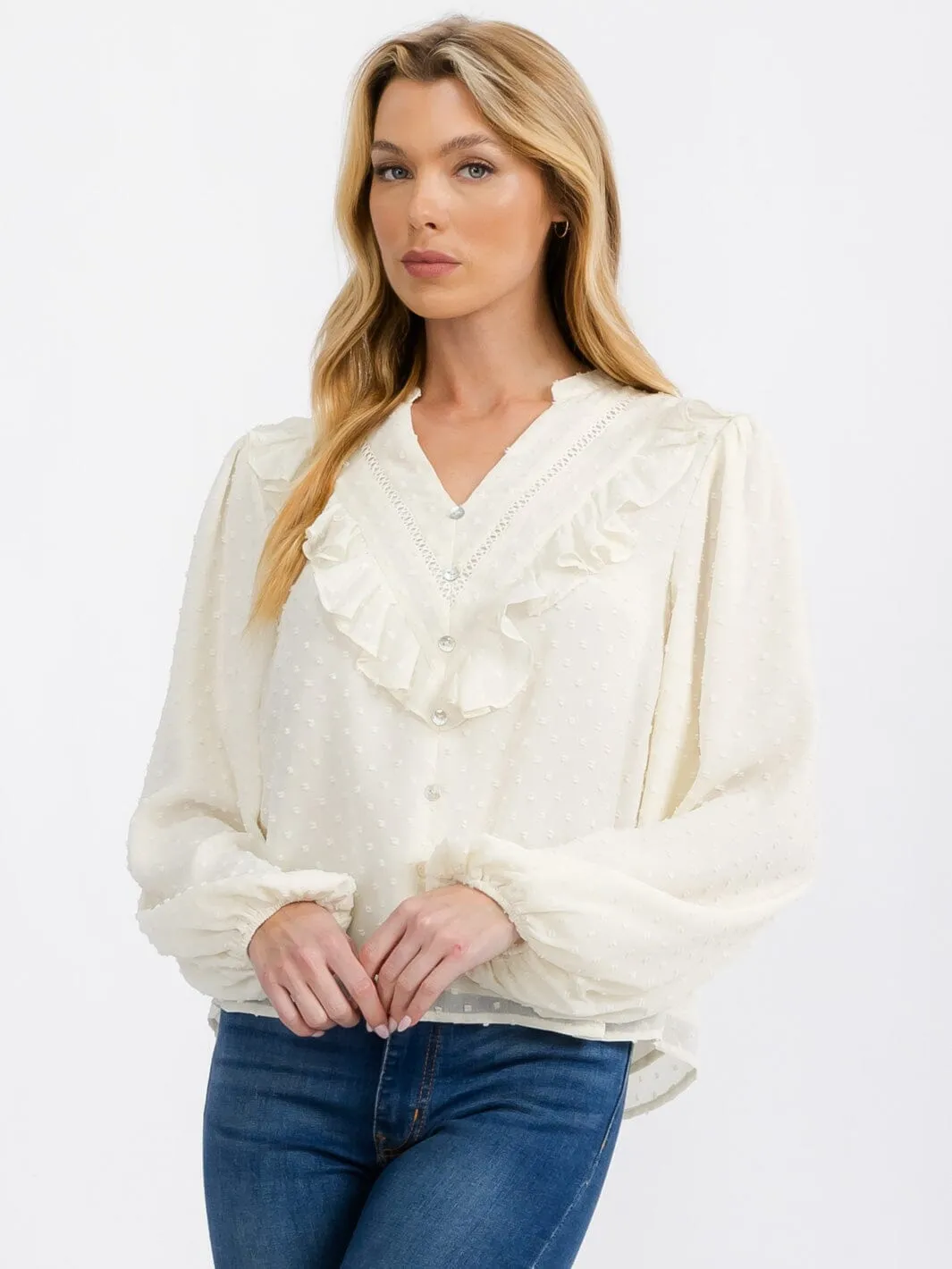 WOMEN'S LONG SLEEVE V-NECK BUTTON RUFFLE SWISS DOTS BLOUSE TOP