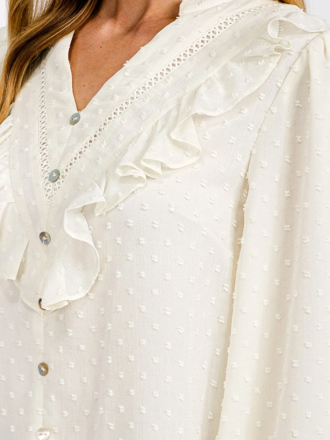 WOMEN'S LONG SLEEVE V-NECK BUTTON RUFFLE SWISS DOTS BLOUSE TOP