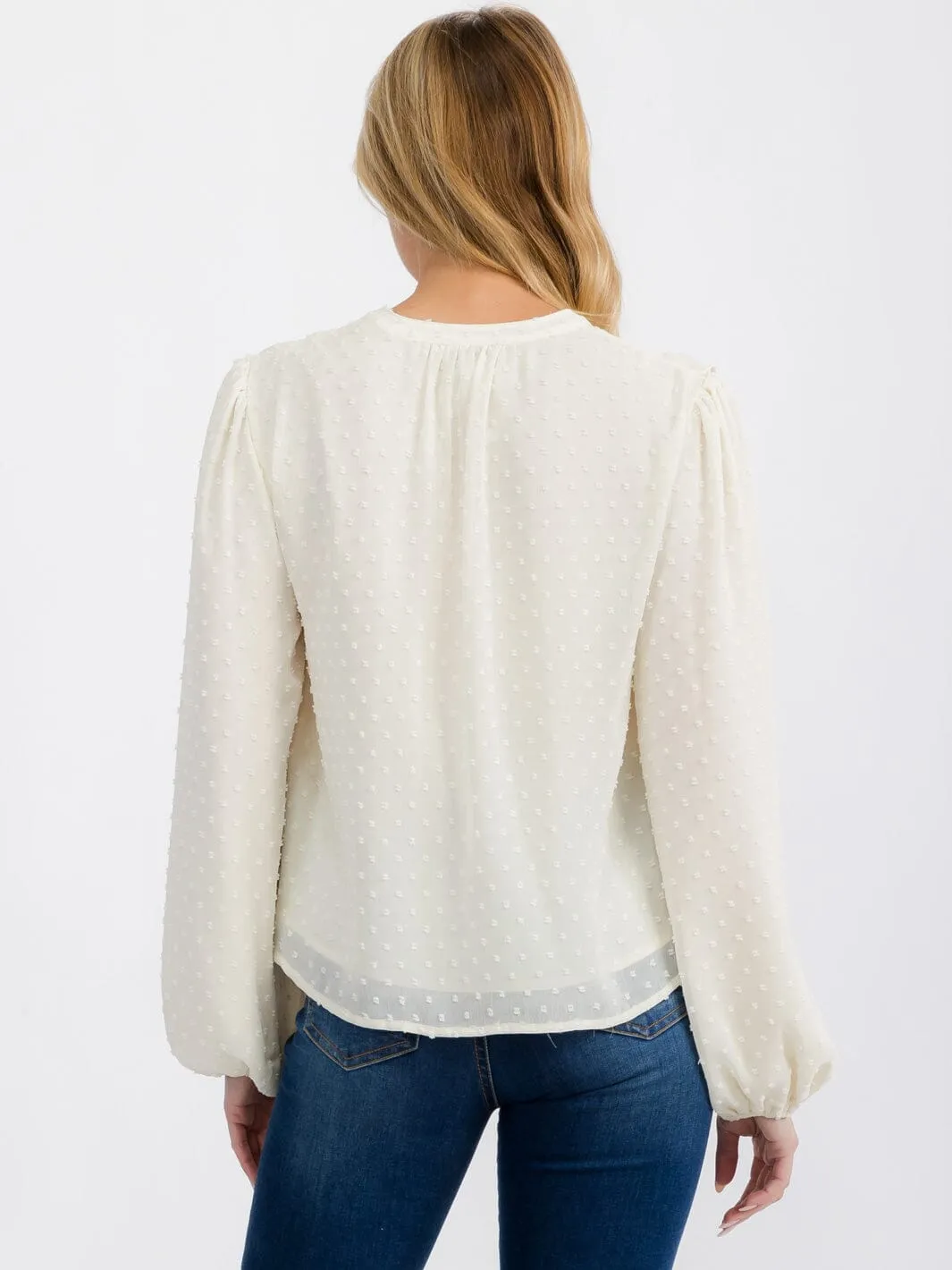 WOMEN'S LONG SLEEVE V-NECK BUTTON RUFFLE SWISS DOTS BLOUSE TOP