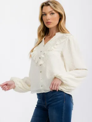 WOMEN'S LONG SLEEVE V-NECK BUTTON RUFFLE SWISS DOTS BLOUSE TOP