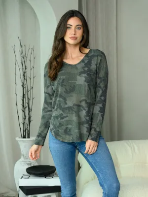 WOMEN'S LONG SLEEVE V-NECK CAMO PRINT TOP