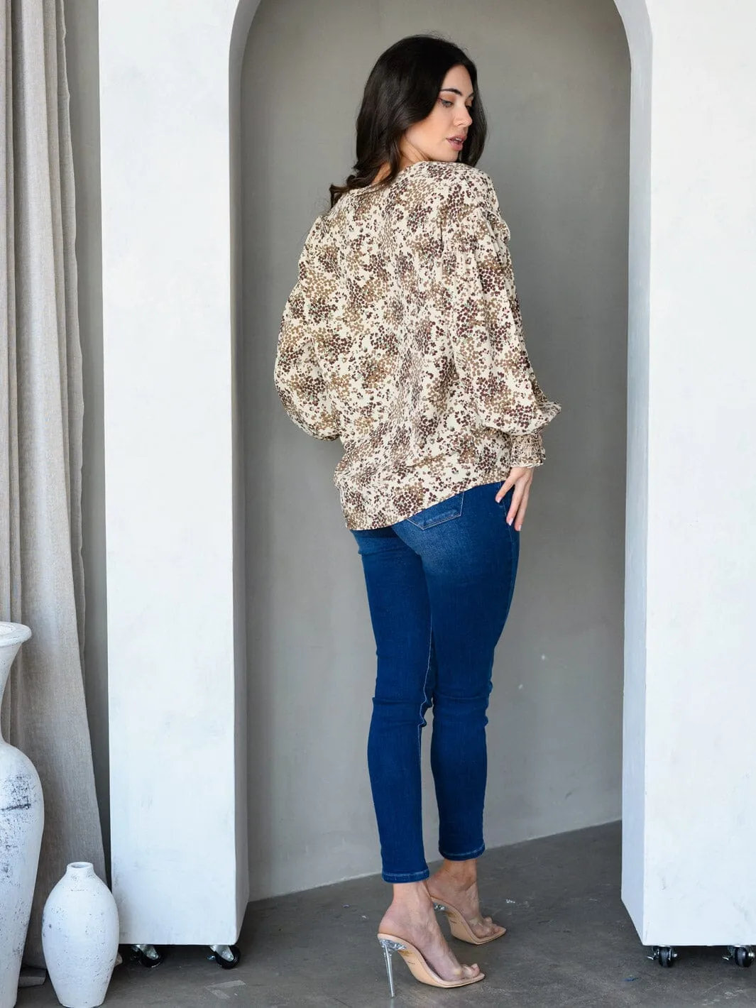 WOMEN'S LONG SLEEVE V-NECK FLORAL PRINT TUNIC TOP