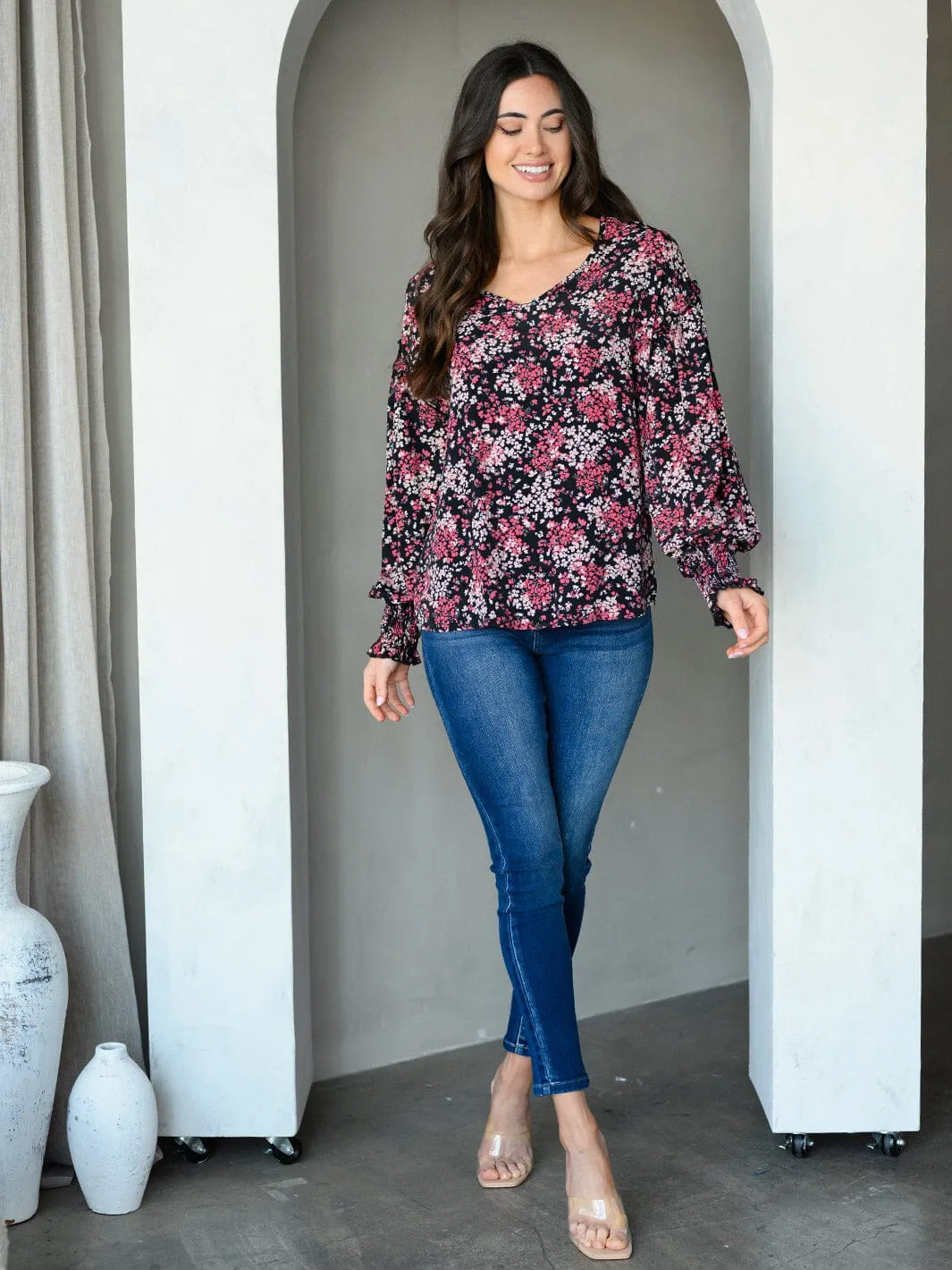WOMEN'S LONG SLEEVE V-NECK FLORAL PRINT TUNIC TOP