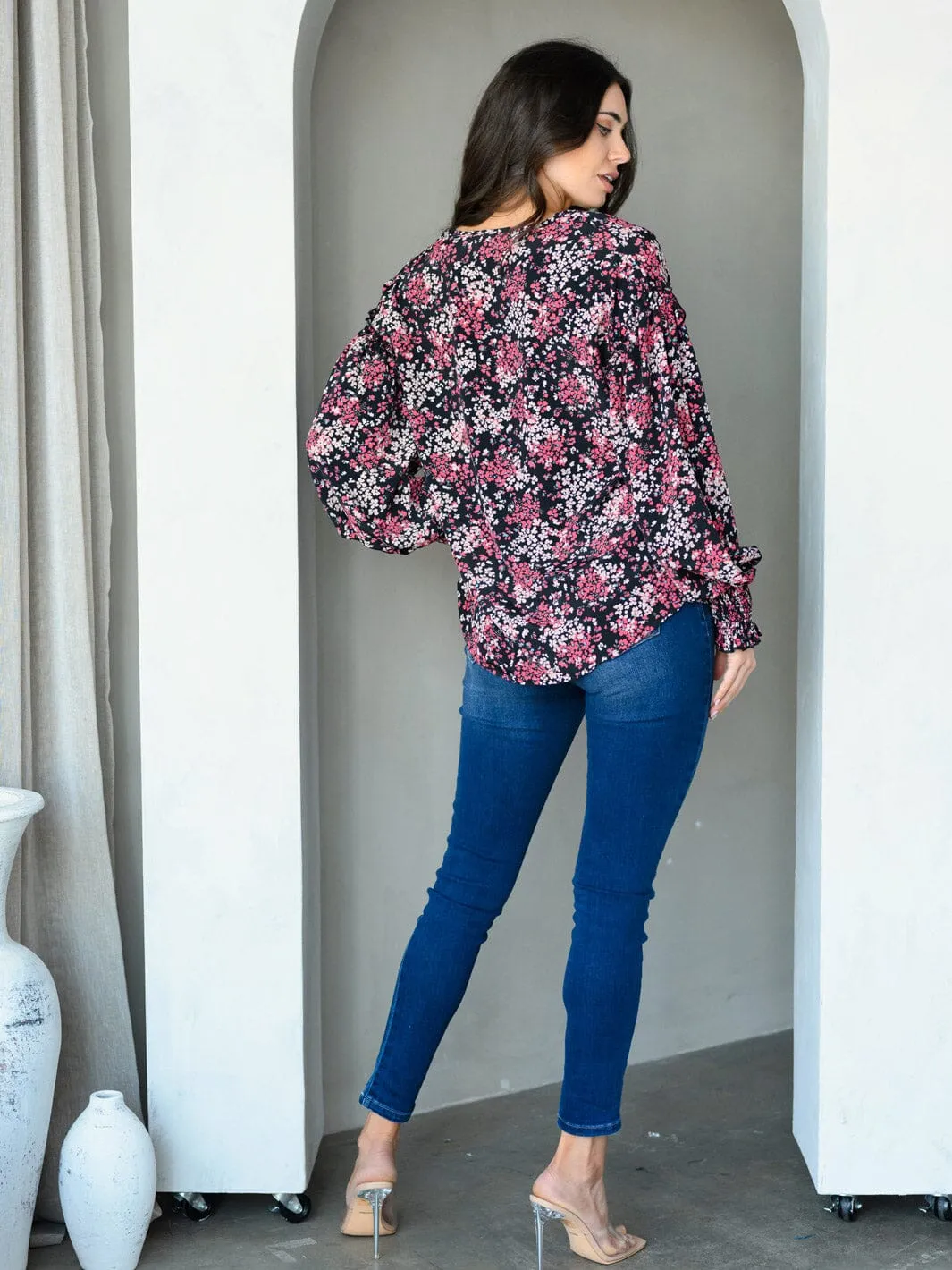 WOMEN'S LONG SLEEVE V-NECK FLORAL PRINT TUNIC TOP