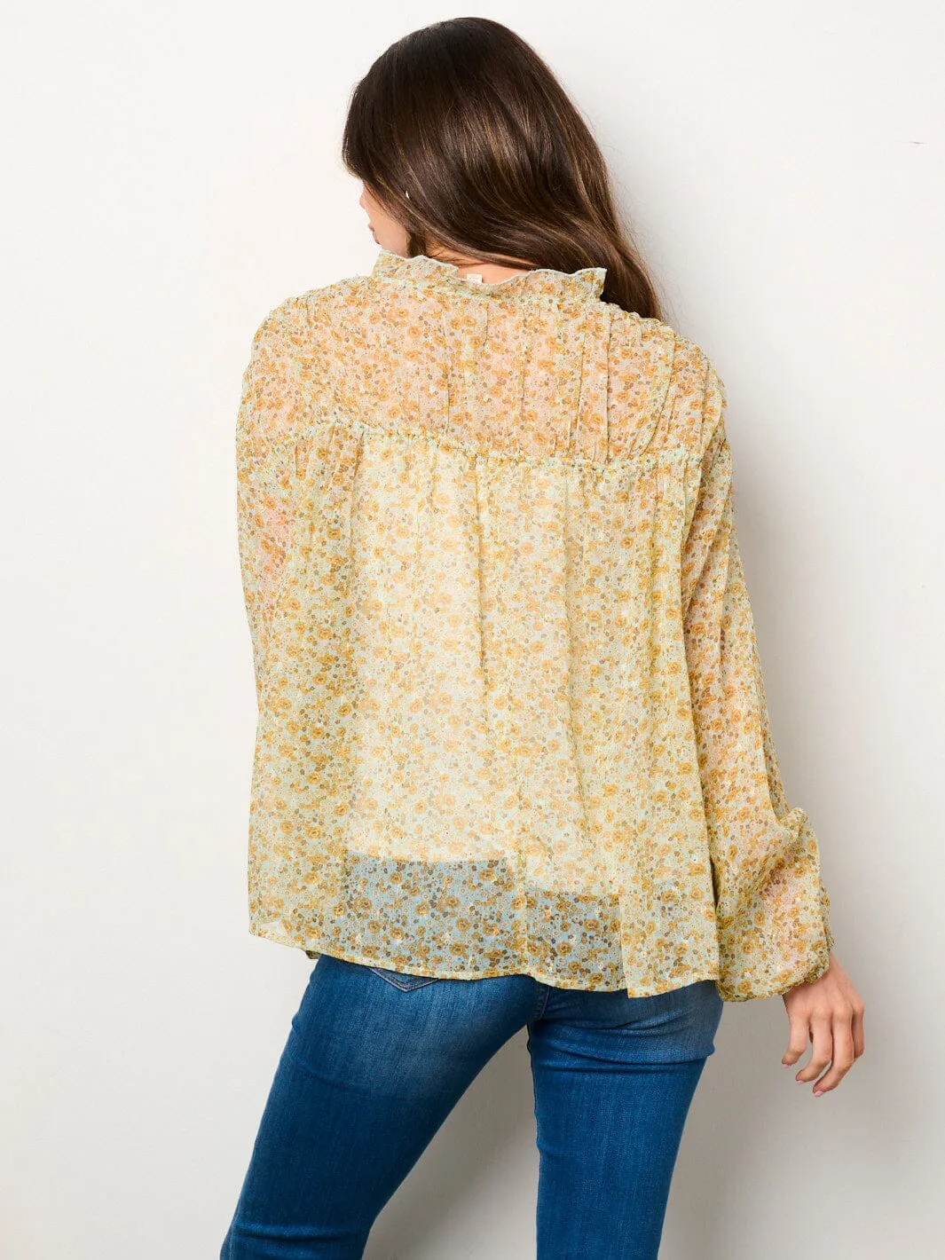 WOMEN'S LONG SLEEVE V-NECK RUFFLE FLORAL BLOUSE TOP