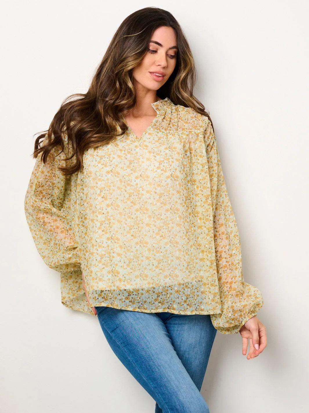 WOMEN'S LONG SLEEVE V-NECK RUFFLE FLORAL BLOUSE TOP