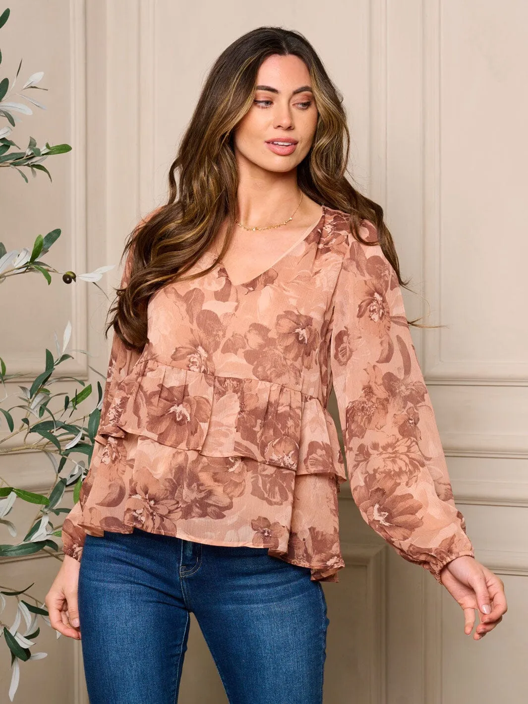 WOMENS LONG SLEEVE V-NECK RUFFLES FLORAL BLOUSE TOP