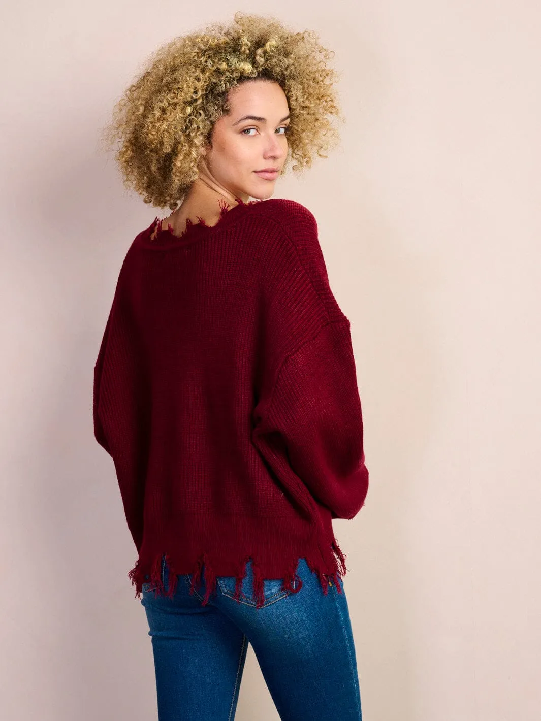 WOMEN'S LONG SLEEVE V-NECK TRIM DETAILED SWEATER