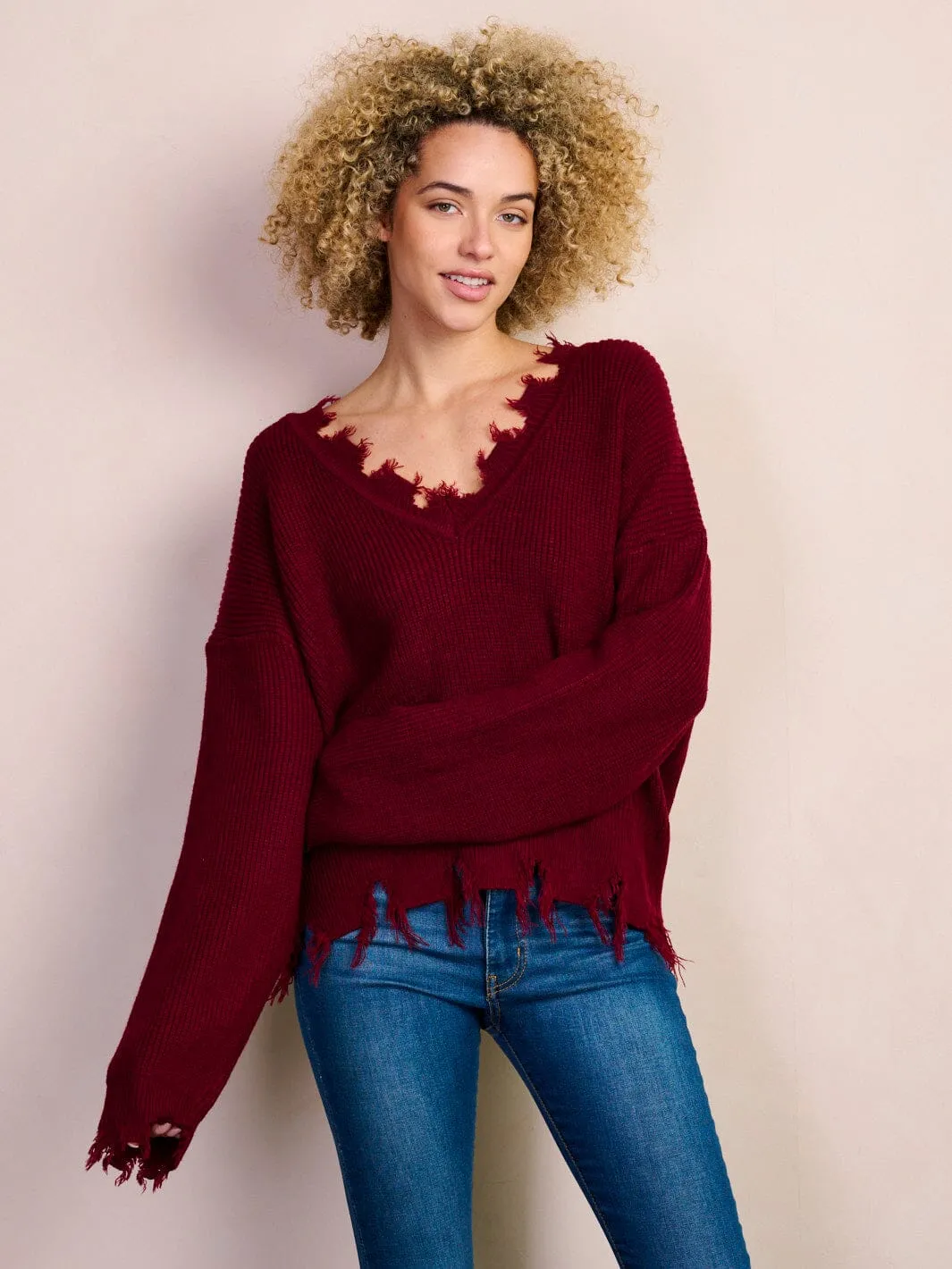 WOMEN'S LONG SLEEVE V-NECK TRIM DETAILED SWEATER