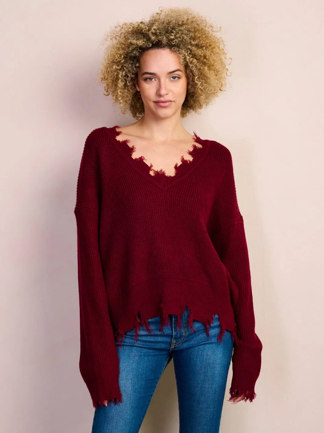 WOMEN'S LONG SLEEVE V-NECK TRIM DETAILED SWEATER