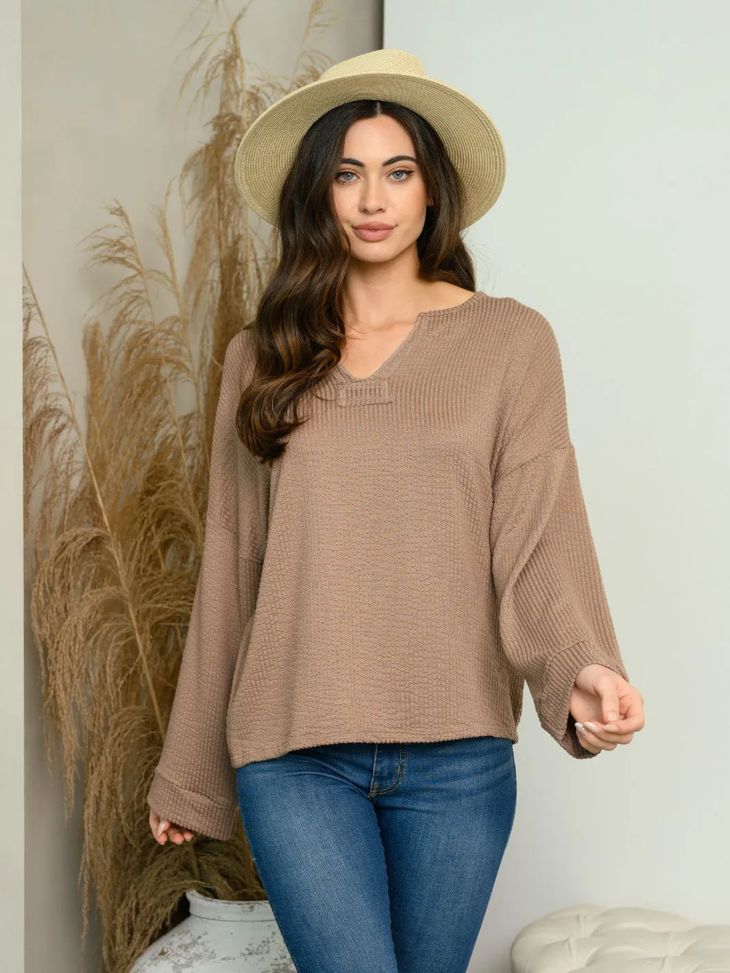 WOMEN'S LONG SLEEVE WAFFLE V-NECK TOP