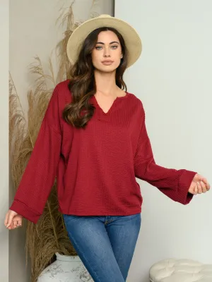 WOMEN'S LONG SLEEVE WAFFLE V-NECK TOP