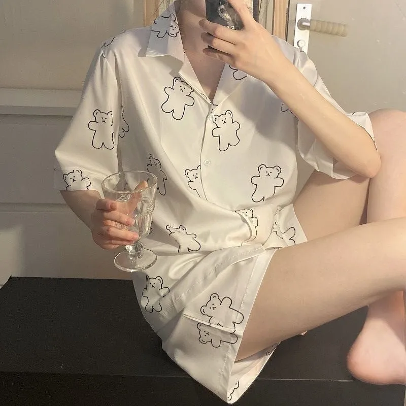 Women's Loose Cardigan Lapel Pajama Set