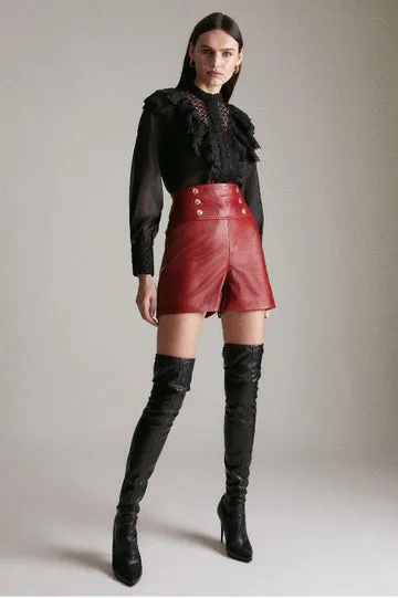 Women's Red High Waist Military Button Leather Shorts