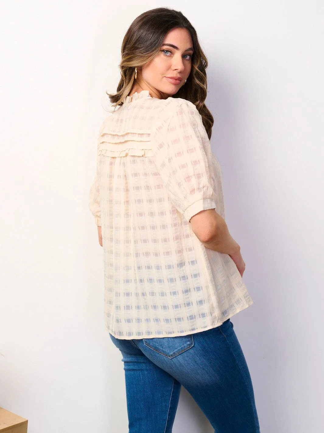 WOMEN'S SHORT PUFF SLEEVE V-NECK DETAILED BLOUSE TOP