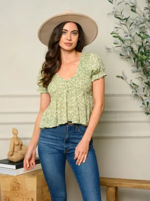 WOMEN'S SHORT PUFF SLEEVE V-NECK FLORAL SMOCK TOP