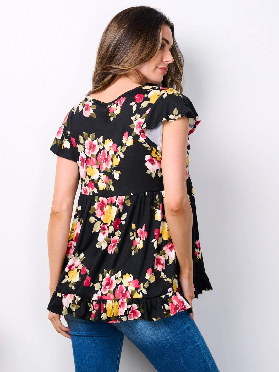 WOMEN'S SHORT SLEEVE V-NECK FLORAL PRINT RUFFLE TOP