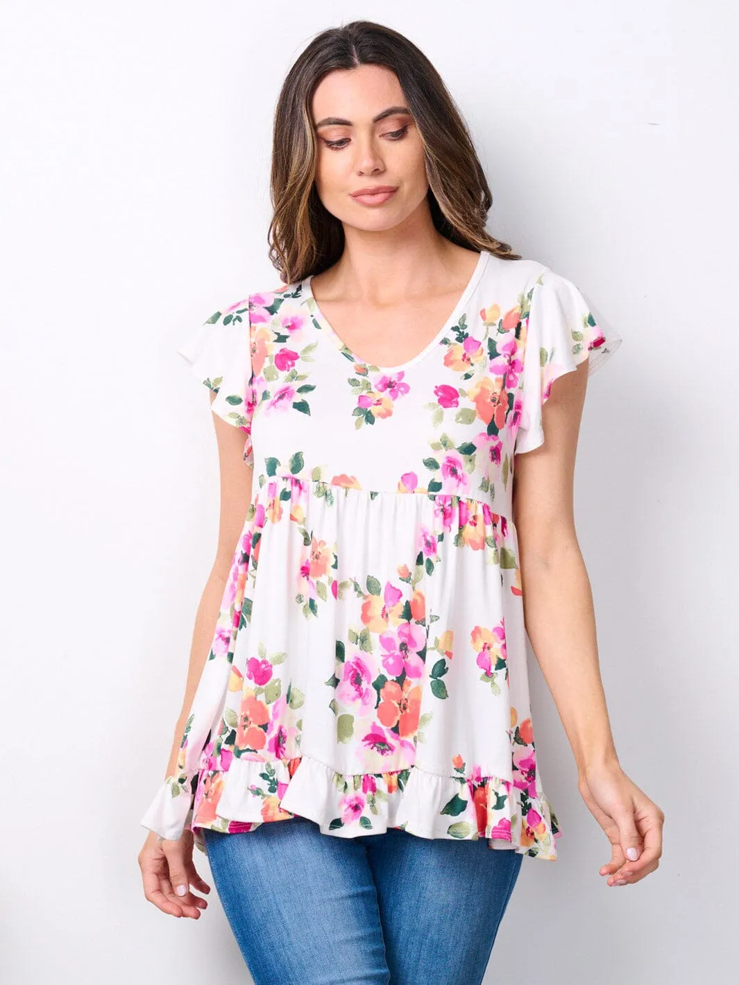 WOMEN'S SHORT SLEEVE V-NECK FLORAL PRINT RUFFLE TOP