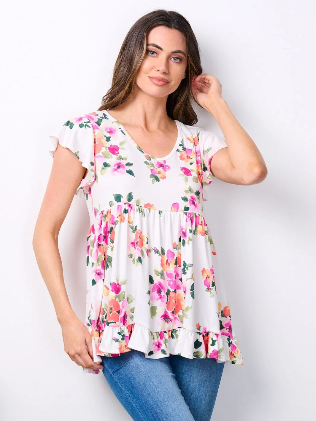 WOMEN'S SHORT SLEEVE V-NECK FLORAL PRINT RUFFLE TOP