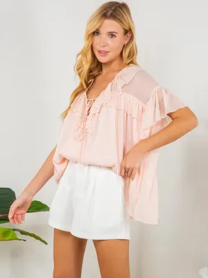 WOMEN'S SHORT SLEEVE V-NECK RUFFLE BLOUSE TOP