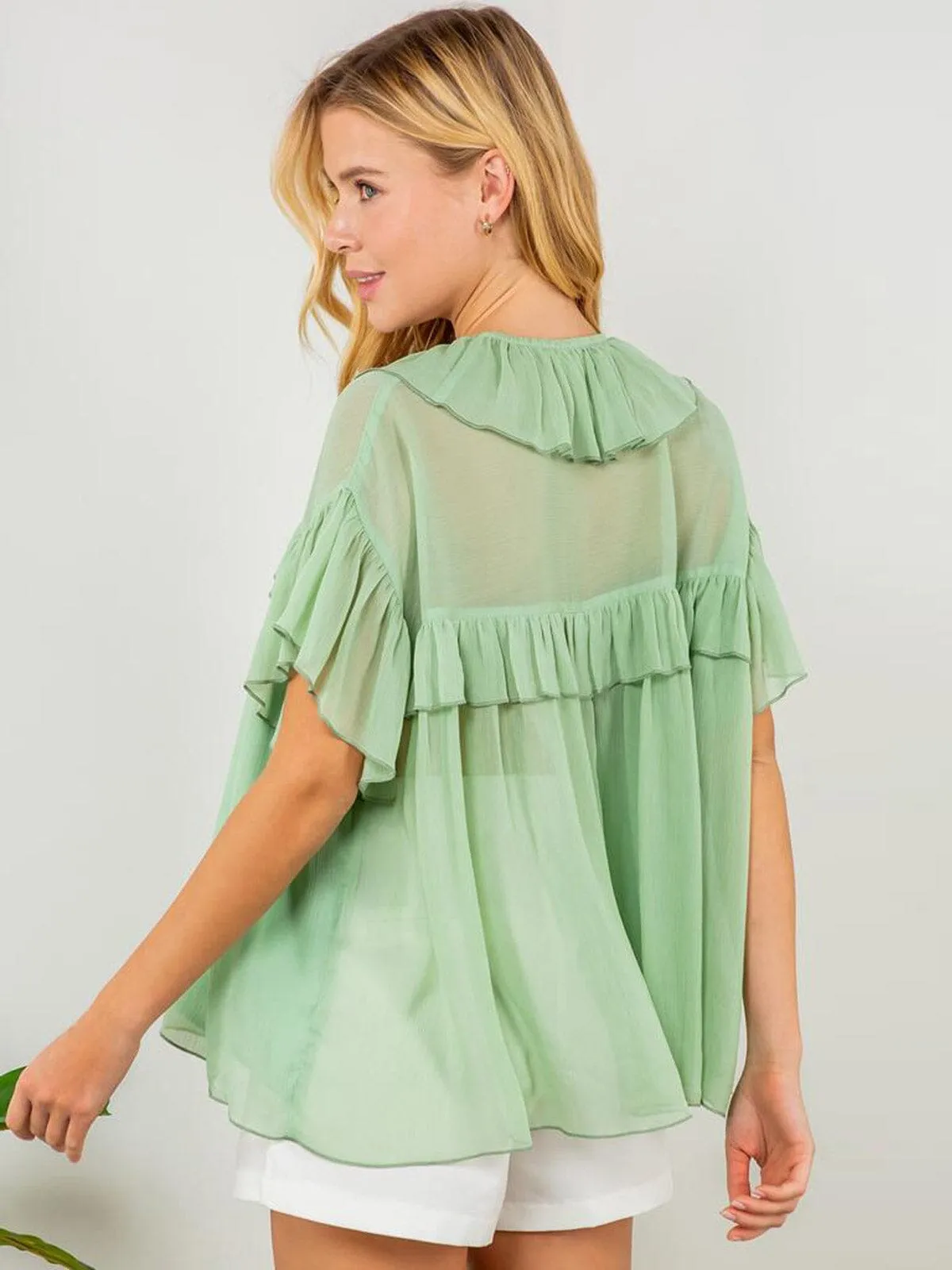 WOMEN'S SHORT SLEEVE V-NECK RUFFLE BLOUSE TOP