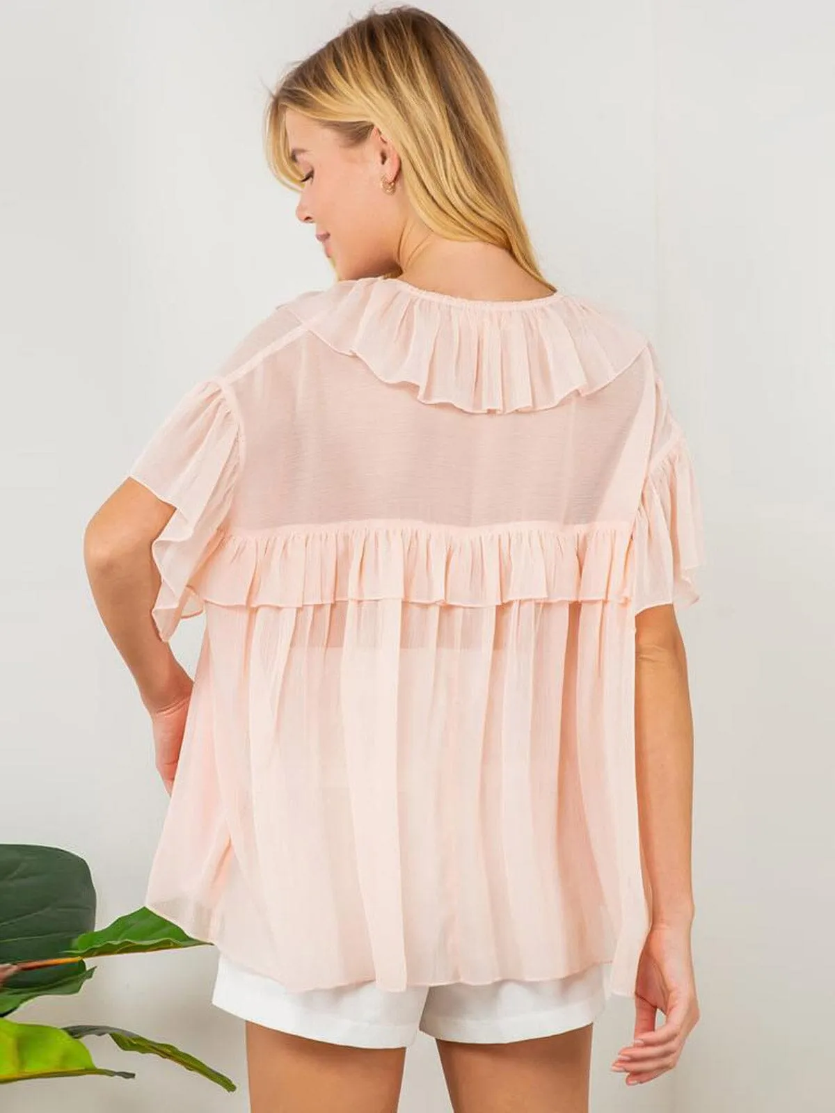 WOMEN'S SHORT SLEEVE V-NECK RUFFLE BLOUSE TOP