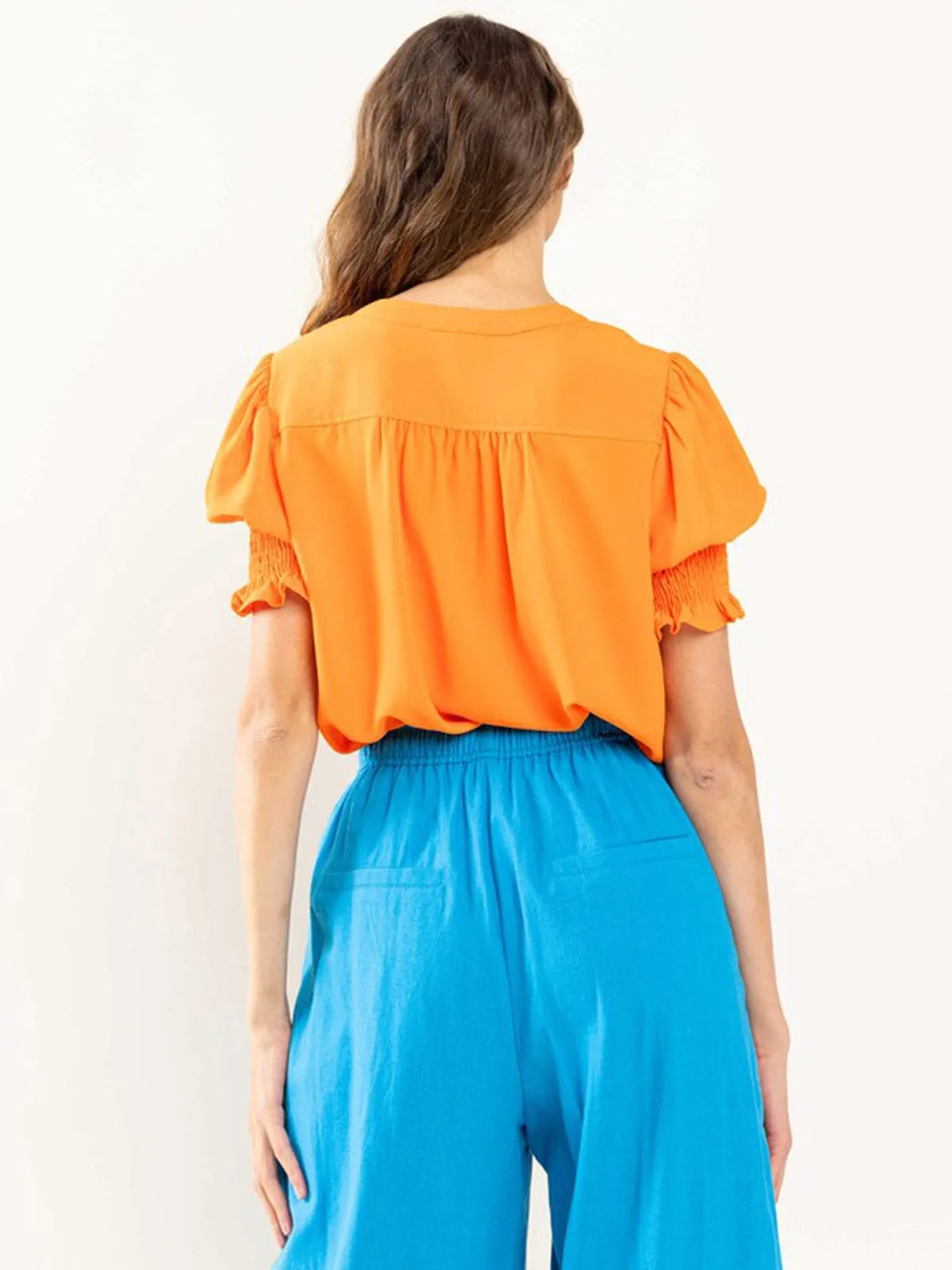 WOMEN'S SHORT SMOCK SLEEVE V-NECK TUNIC BLOUSE TOP