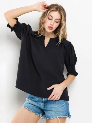 WOMEN'S SHORT SMOCK SLEEVE V-NECK TUNIC BLOUSE TOP