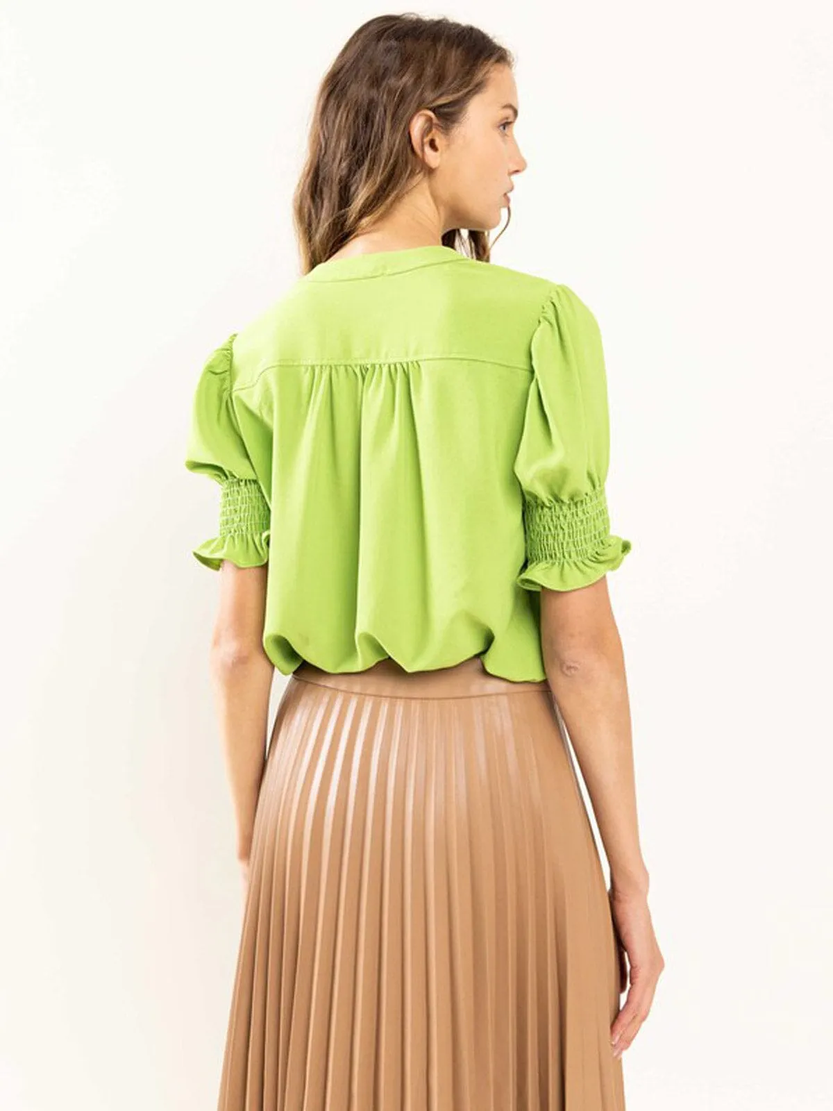 WOMEN'S SHORT SMOCK SLEEVE V-NECK TUNIC BLOUSE TOP