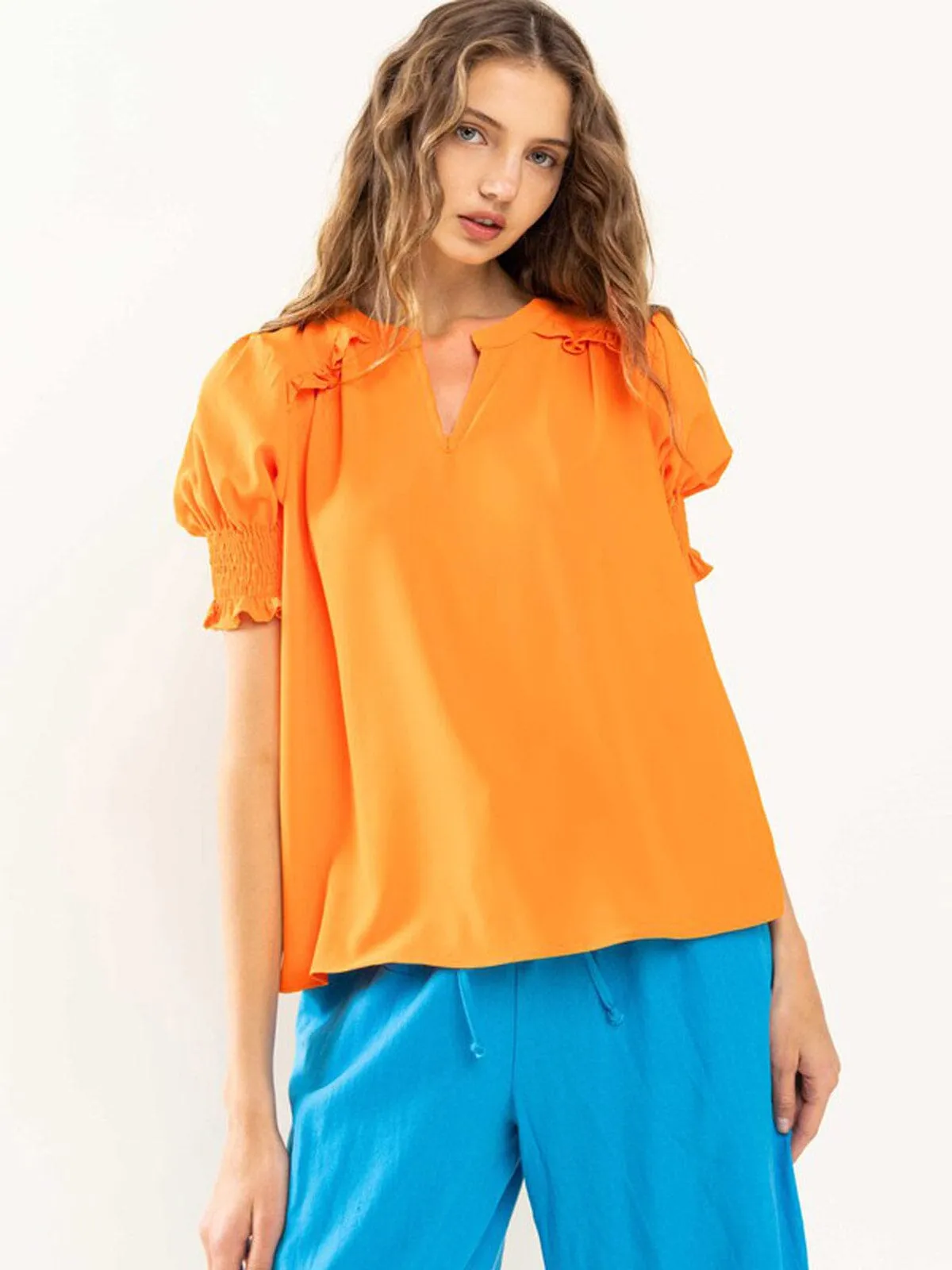 WOMEN'S SHORT SMOCK SLEEVE V-NECK TUNIC BLOUSE TOP