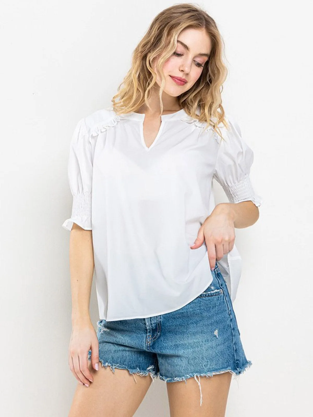 WOMEN'S SHORT SMOCK SLEEVE V-NECK TUNIC BLOUSE TOP