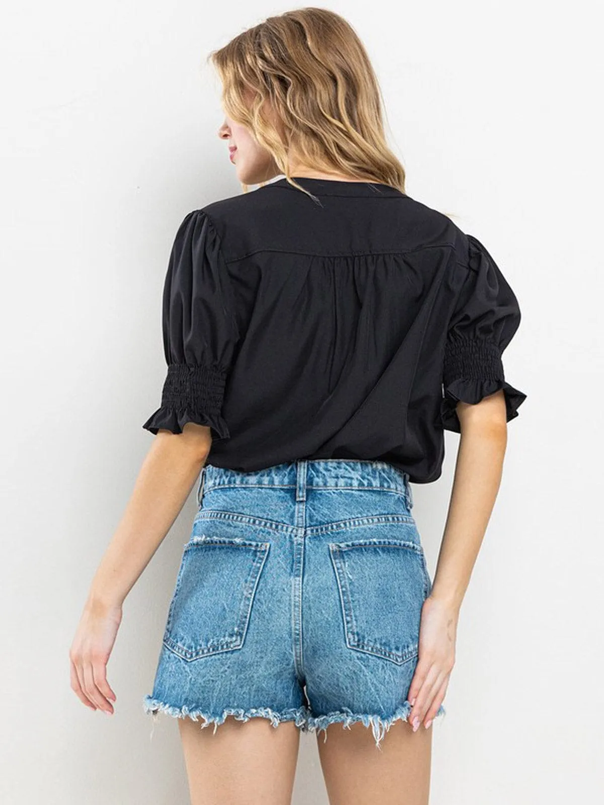 WOMEN'S SHORT SMOCK SLEEVE V-NECK TUNIC BLOUSE TOP