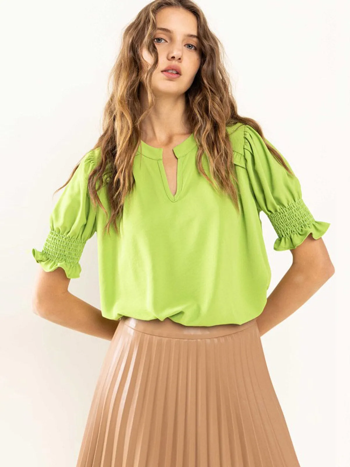 WOMEN'S SHORT SMOCK SLEEVE V-NECK TUNIC BLOUSE TOP