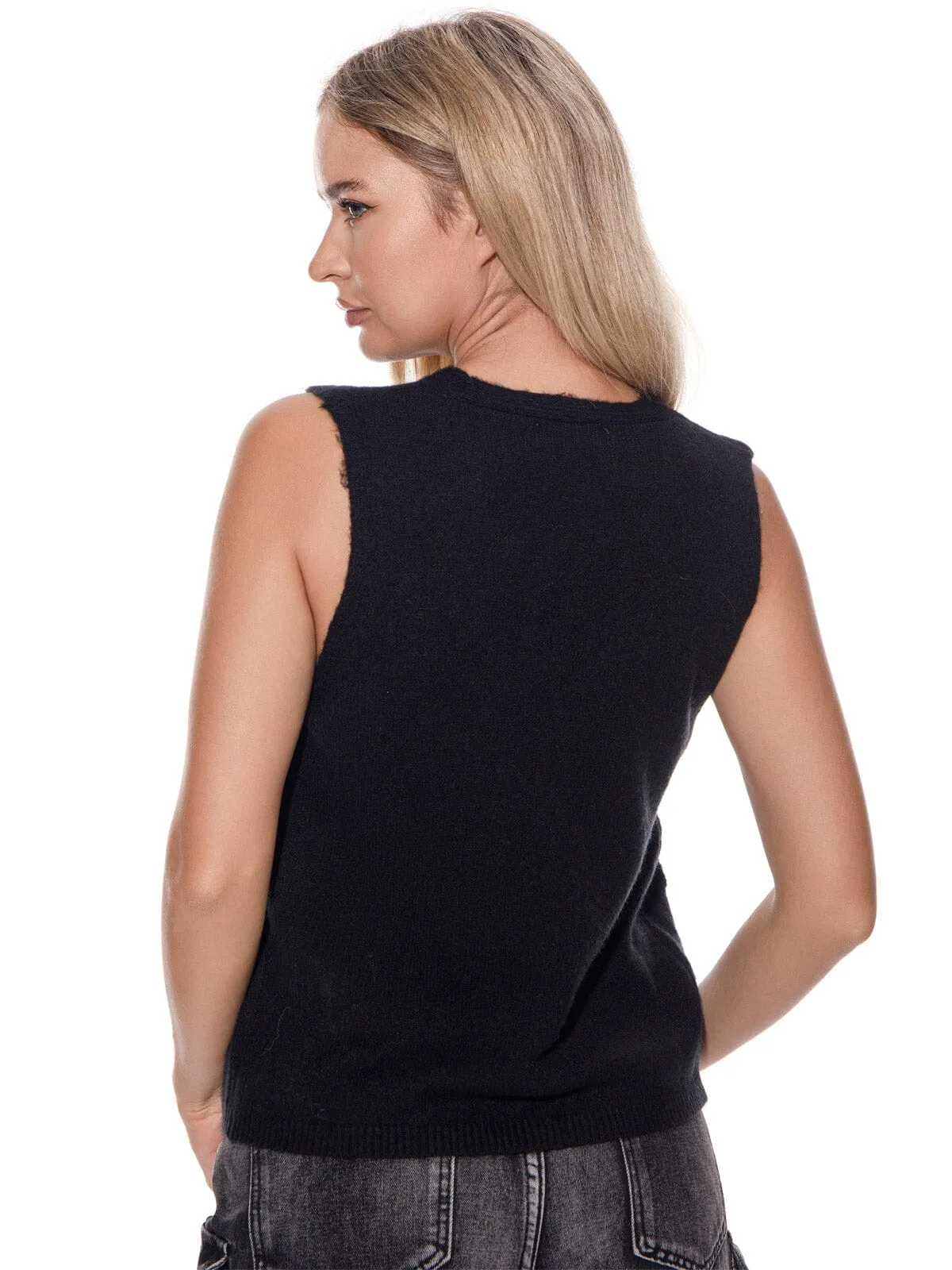 WOMEN'S SLEEVELESS  BUTTON CLOSURE V-NECK SEQUINS FLOWER TOP