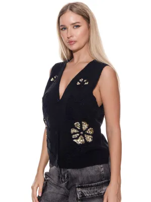 WOMEN'S SLEEVELESS  BUTTON CLOSURE V-NECK SEQUINS FLOWER TOP