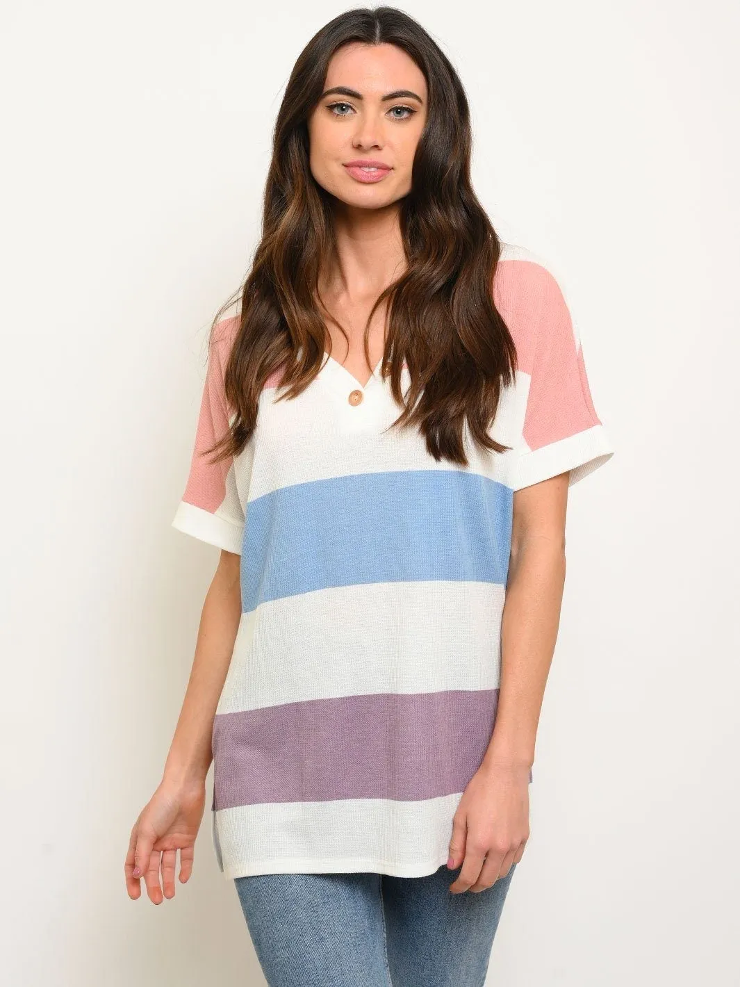 WOMEN'S THERMO STRIPE MULTICOLOR V-NECK TUNIC BUTTONS TOP