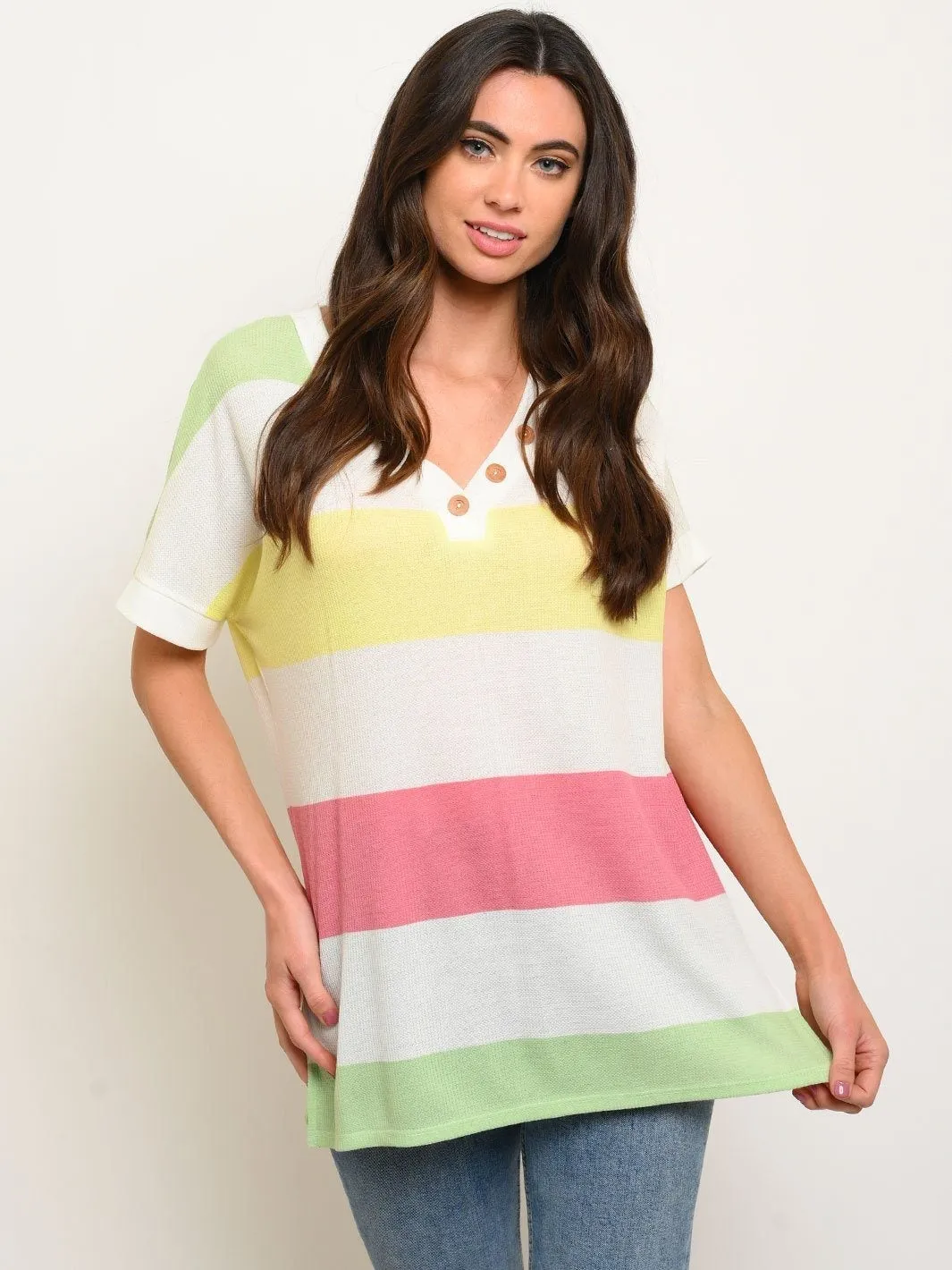 WOMEN'S THERMO STRIPE MULTICOLOR V-NECK TUNIC BUTTONS TOP