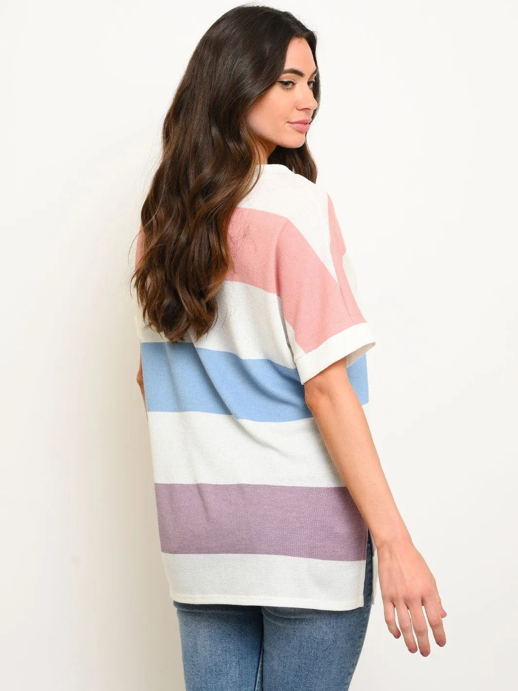 WOMEN'S THERMO STRIPE MULTICOLOR V-NECK TUNIC BUTTONS TOP