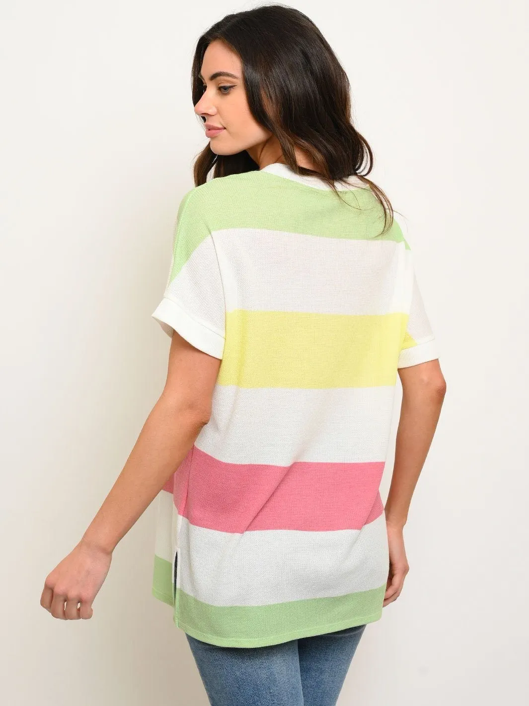 WOMEN'S THERMO STRIPE MULTICOLOR V-NECK TUNIC BUTTONS TOP
