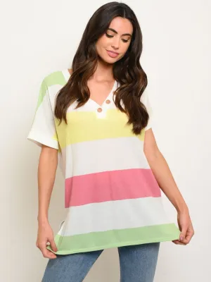 WOMEN'S THERMO STRIPE MULTICOLOR V-NECK TUNIC BUTTONS TOP