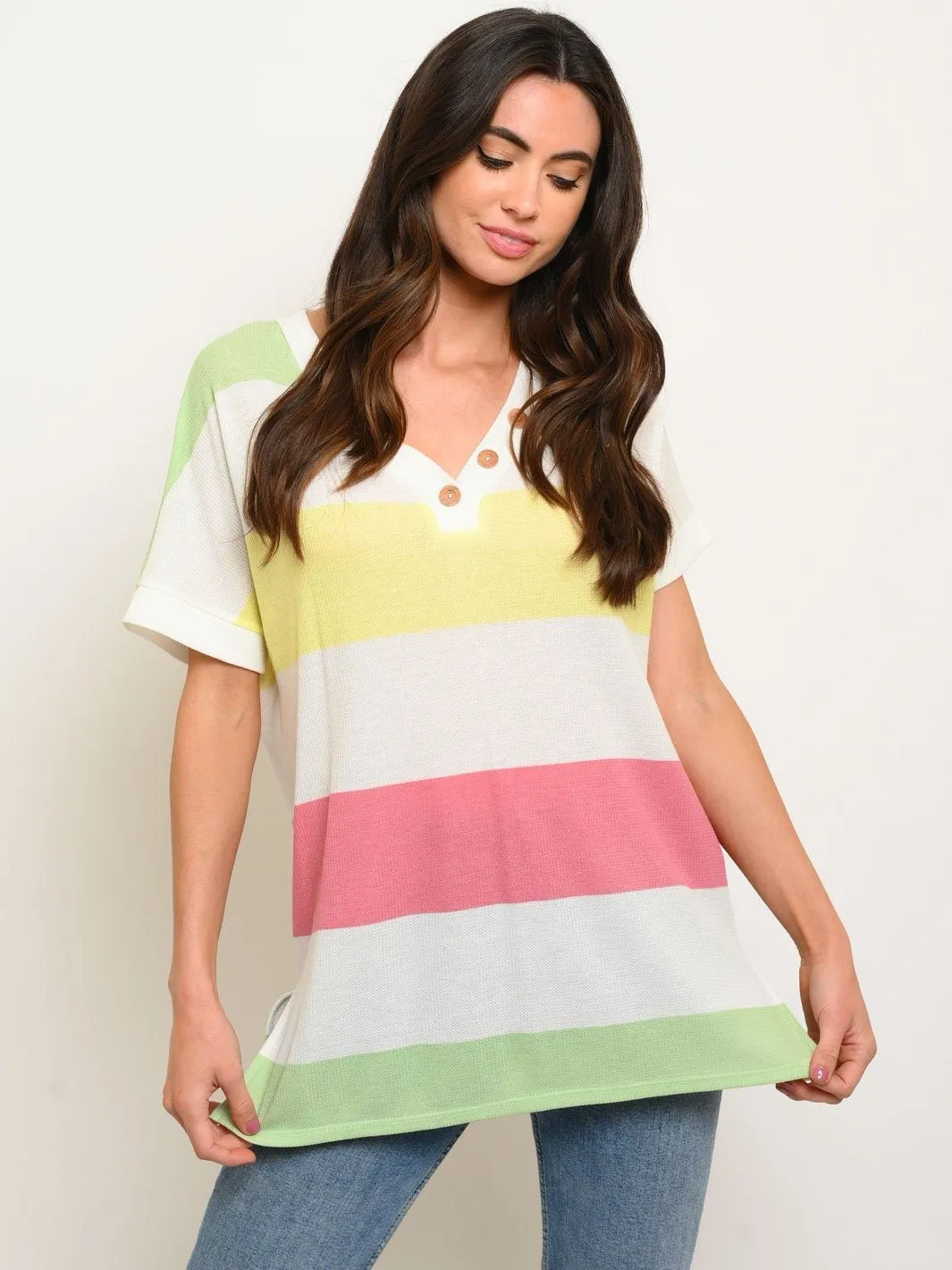 WOMEN'S THERMO STRIPE MULTICOLOR V-NECK TUNIC BUTTONS TOP