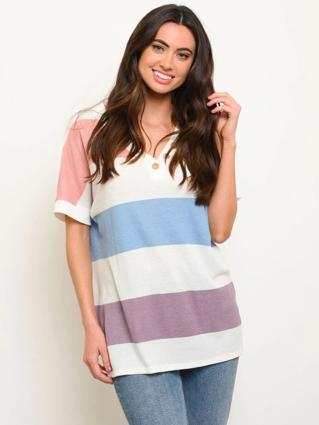 WOMEN'S THERMO STRIPE MULTICOLOR V-NECK TUNIC BUTTONS TOP