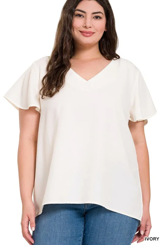 WOVEN FLUTTER SLEEVE V-NECK TOP