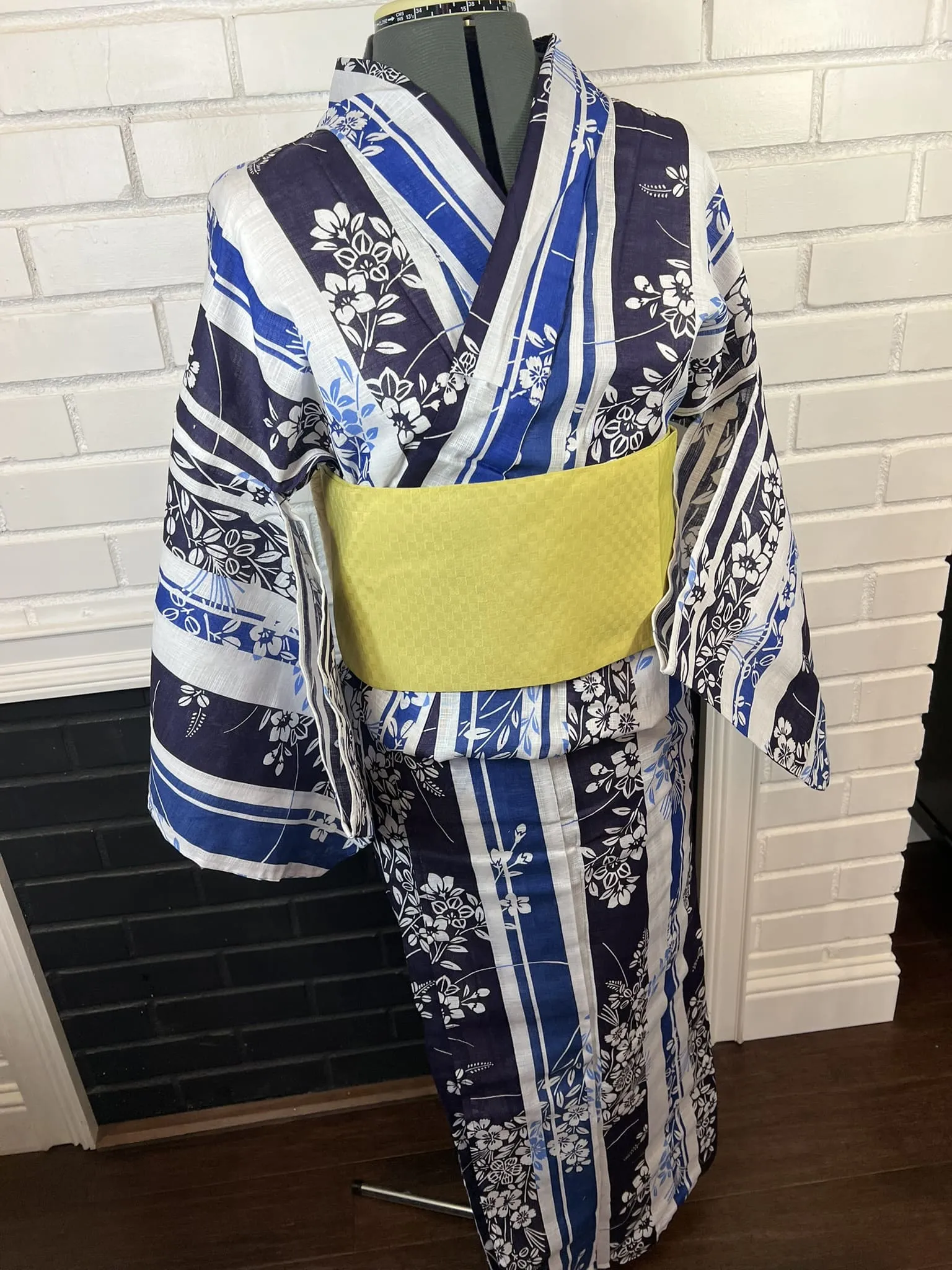 YUKATA and OBI 2 pc set, Size M, Cotton & Linen Yukata and Long Obi Set / Japanese Traditional Women's Yukata and Han-haba Obi
