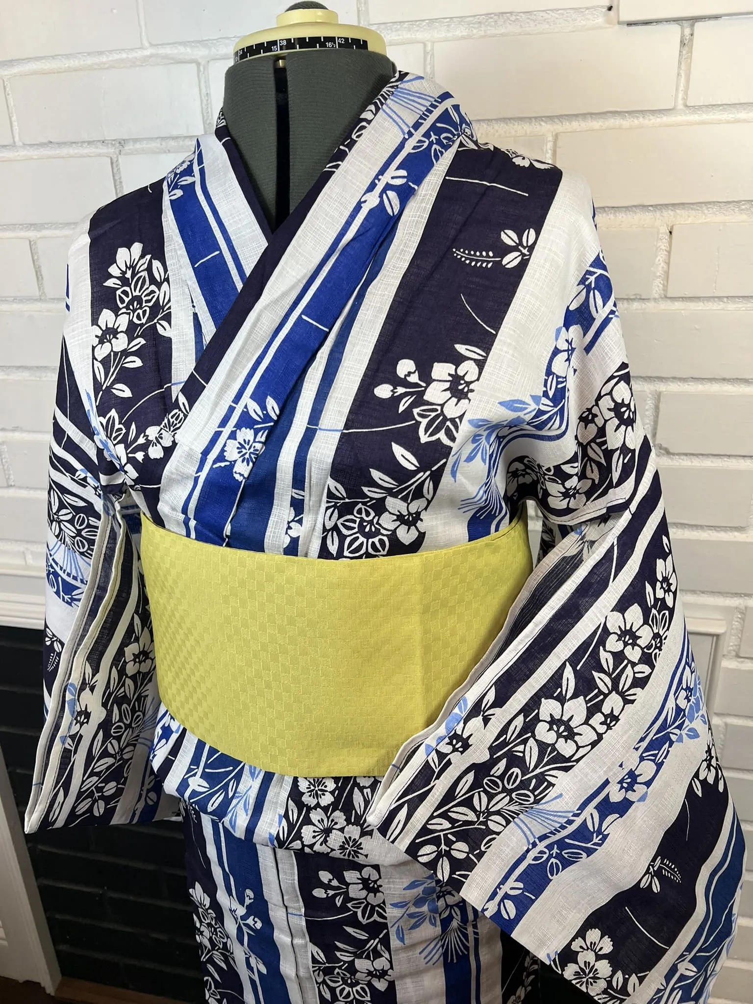 YUKATA and OBI 2 pc set, Size M, Cotton & Linen Yukata and Long Obi Set / Japanese Traditional Women's Yukata and Han-haba Obi