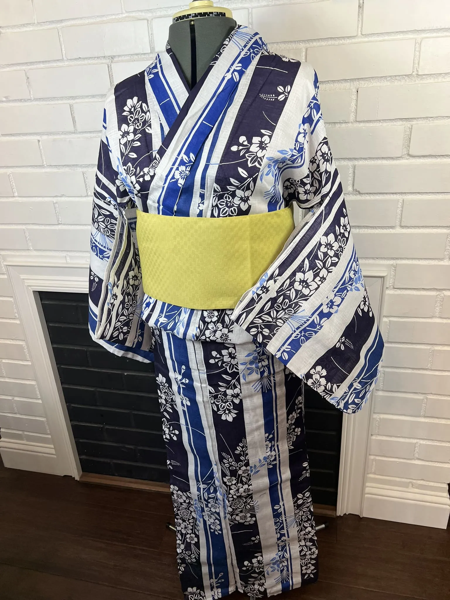 YUKATA and OBI 2 pc set, Size M, Cotton & Linen Yukata and Long Obi Set / Japanese Traditional Women's Yukata and Han-haba Obi