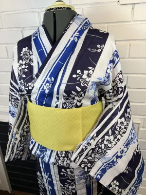 YUKATA and OBI 2 pc set, Size M, Cotton & Linen Yukata and Long Obi Set / Japanese Traditional Women's Yukata and Han-haba Obi