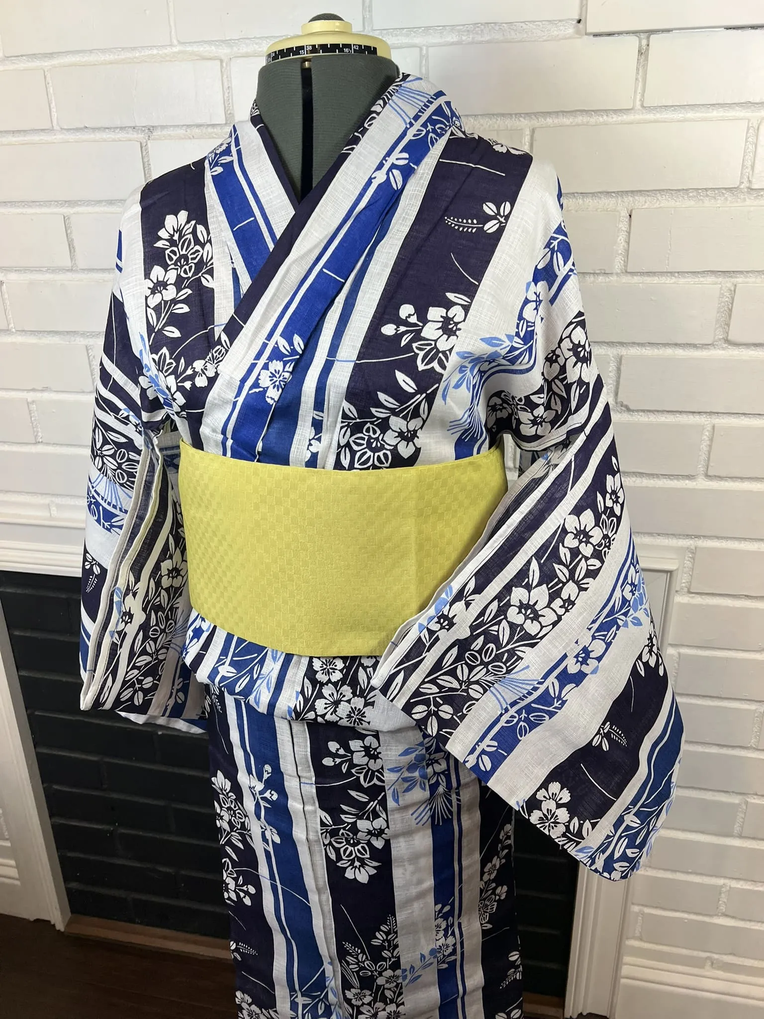 YUKATA and OBI 2 pc set, Size M, Cotton & Linen Yukata and Long Obi Set / Japanese Traditional Women's Yukata and Han-haba Obi