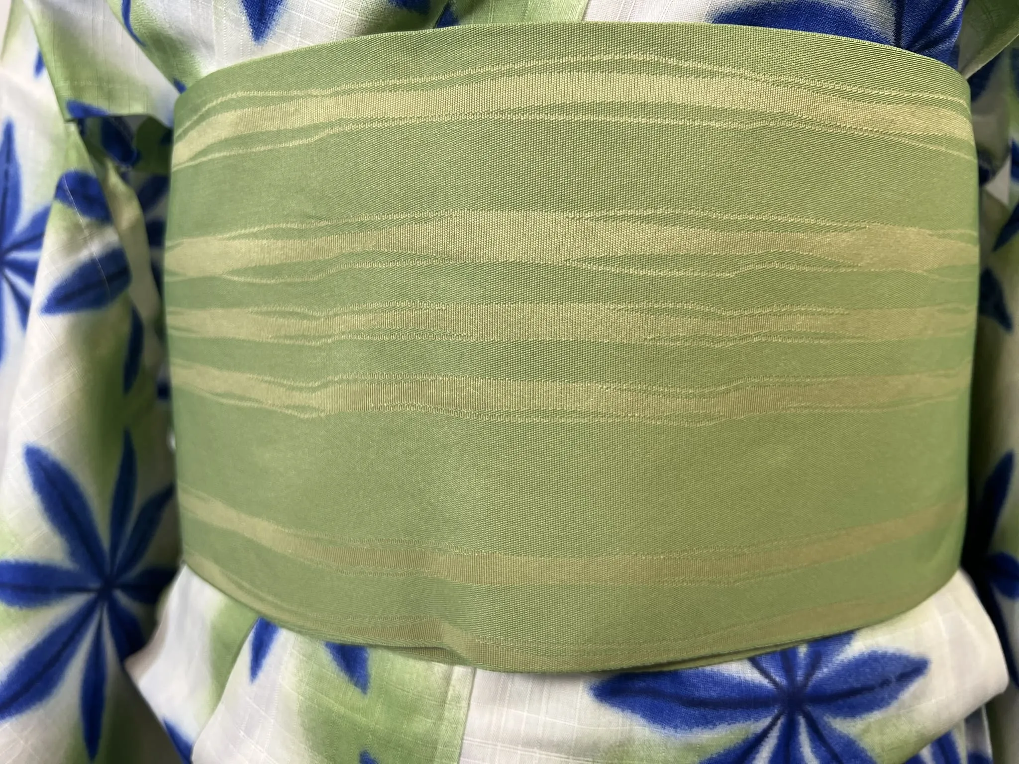 YUKATA and OBI 2 pc set, Size: M-L, Indigo Starflower Pattern on Long White with Light Green Obi / Japanese Traditional Women's Yukata and Han-haba Obi